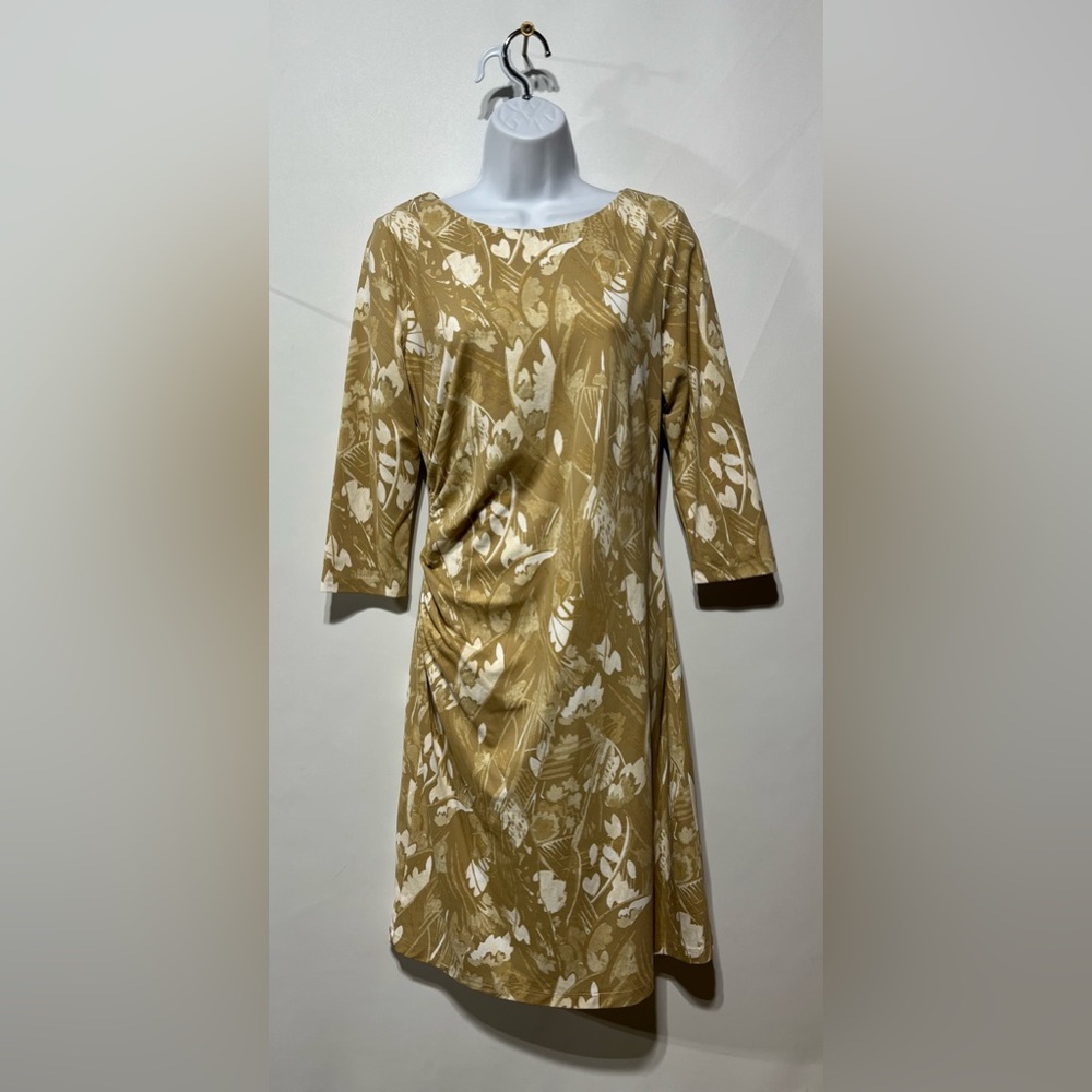 J. McLaughlin Beautiful Ruched Side 3/4 Sleeve Tan And White Dress Size Medium‎